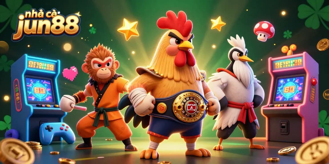 Engage with nhà cái jun88 in a vibrant 3D casino scene featuring a Muay Thai rooster, Shaolin monkey, and wise crane.