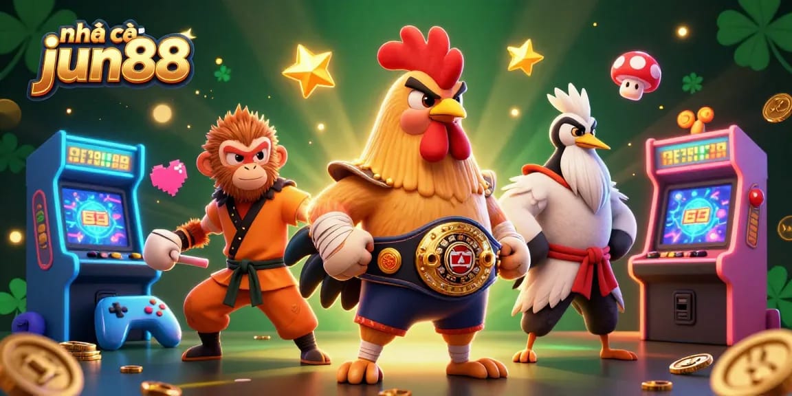Engage with nhà cái jun88 in a vibrant 3D casino scene featuring a Muay Thai rooster, Shaolin monkey, and wise crane.