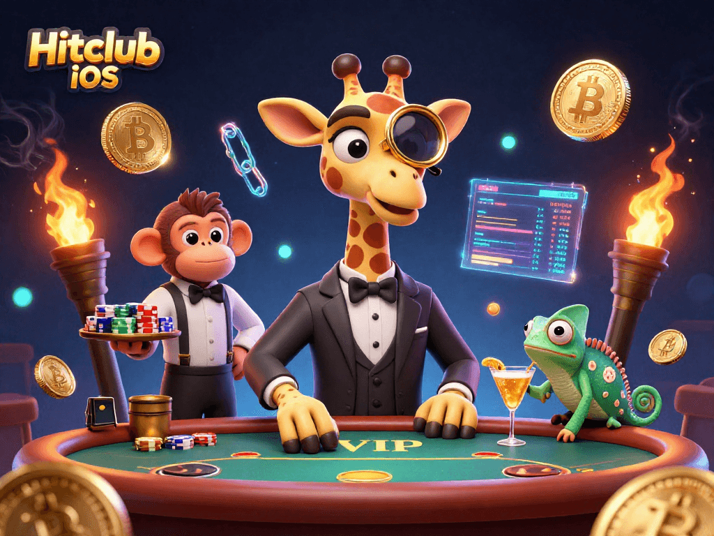 Win big with Hitclub iOS as a giraffe high-roller plays poker with friends in a vibrant casino scene.