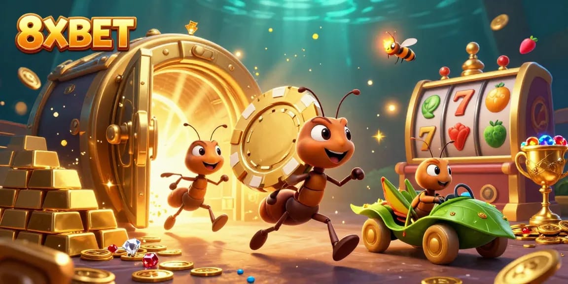 Engage with thrilling 8XBET adventures as ants steal a giant poker chip amidst treasures.