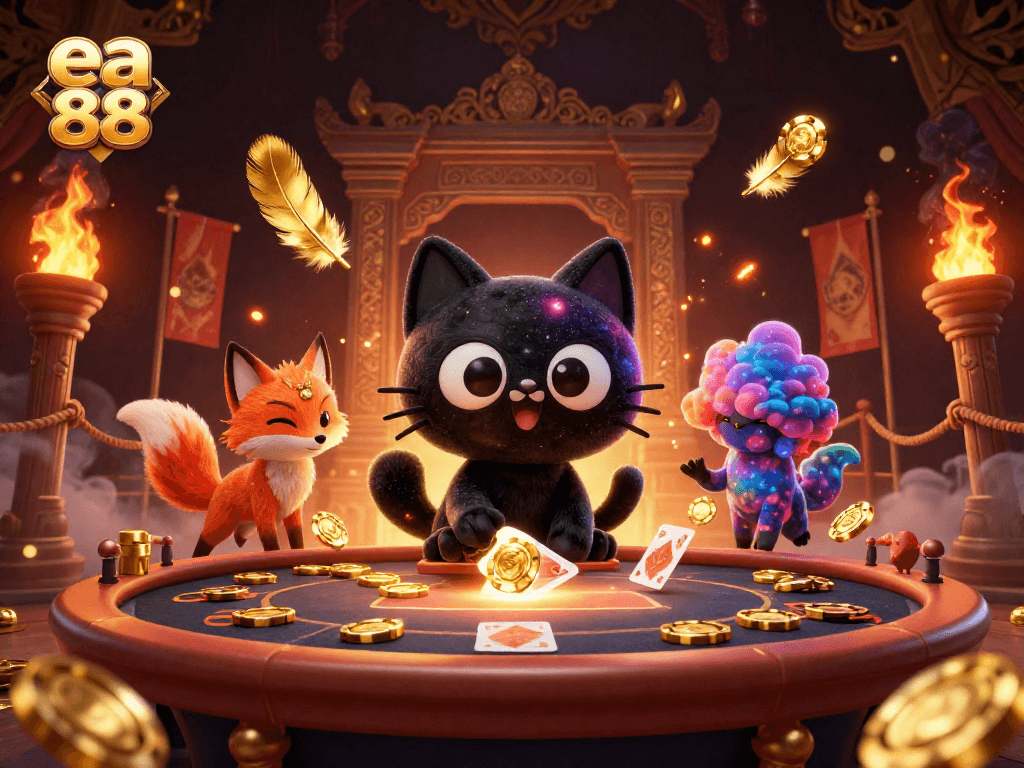 Experience thrilling gameplay at ea 88 with cosmic cat and fox at a vibrant casino table.