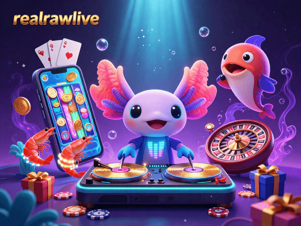 Engage with realrawlive's dynamic casino scene featuring an axolotl DJ, shrimp dancers, and glowing gaming elements.