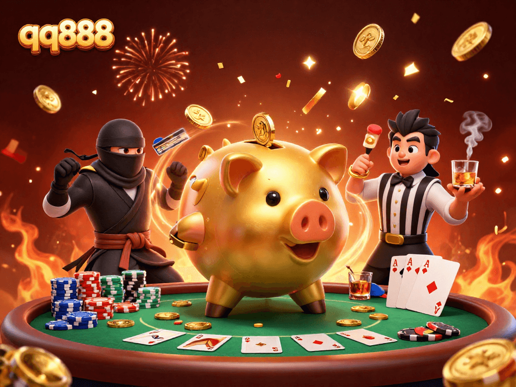 Engage in thrilling gameplay at qq888 with a dynamic scene featuring gaming characters, poker elements, and festive atmosphere.