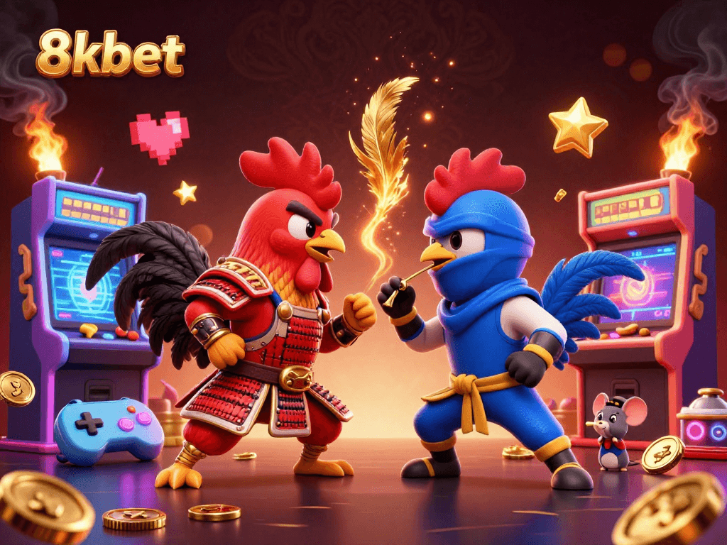 Engage in thrilling battles with 8xbet's dynamic rooster duel surrounded by vivid arcade elements.