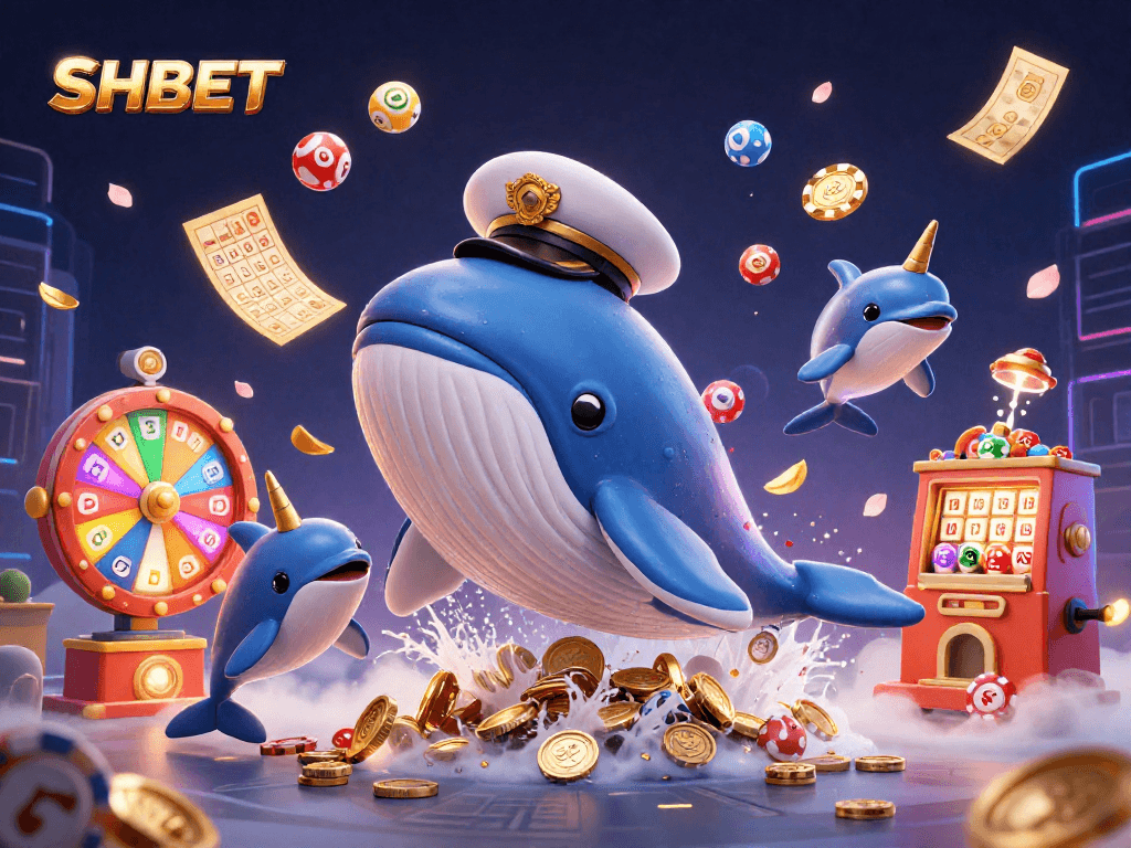 SHBET players enjoy a dynamic scene of winnings with whales, dolphins, and vibrant gaming elements.