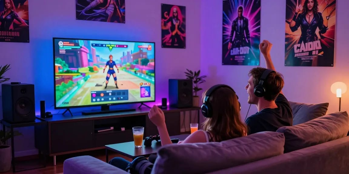Couple enjoying a порно игра on large screen with colorful LED lights.