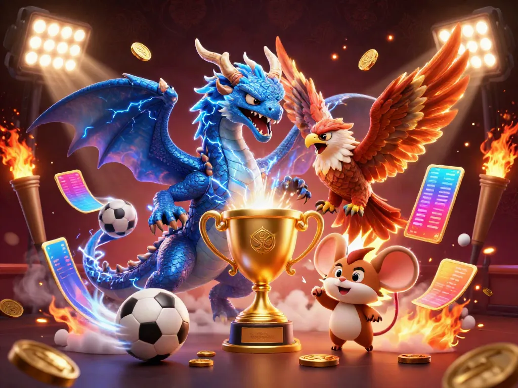 Engage in thrilling Fun88 bóng đá as vibrant sports betting elements surround a dragon, hawk, and mascot.