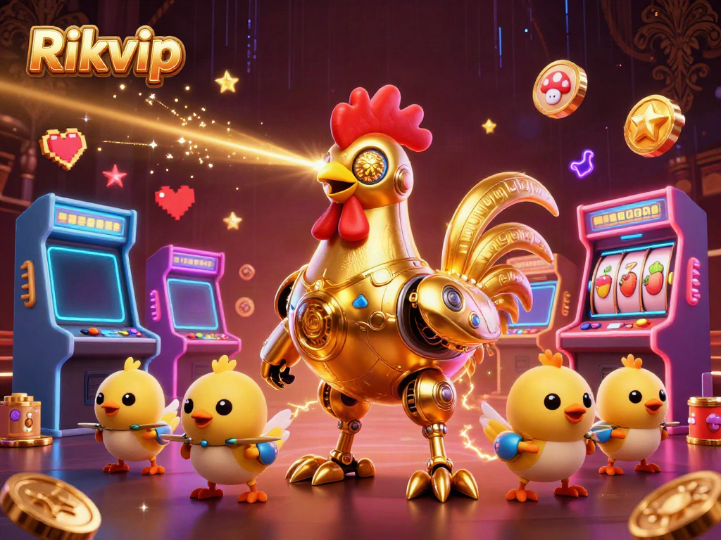 Experience the thrilling world of Rikvip with vibrant casino elements in a 3D cartoon illustration.