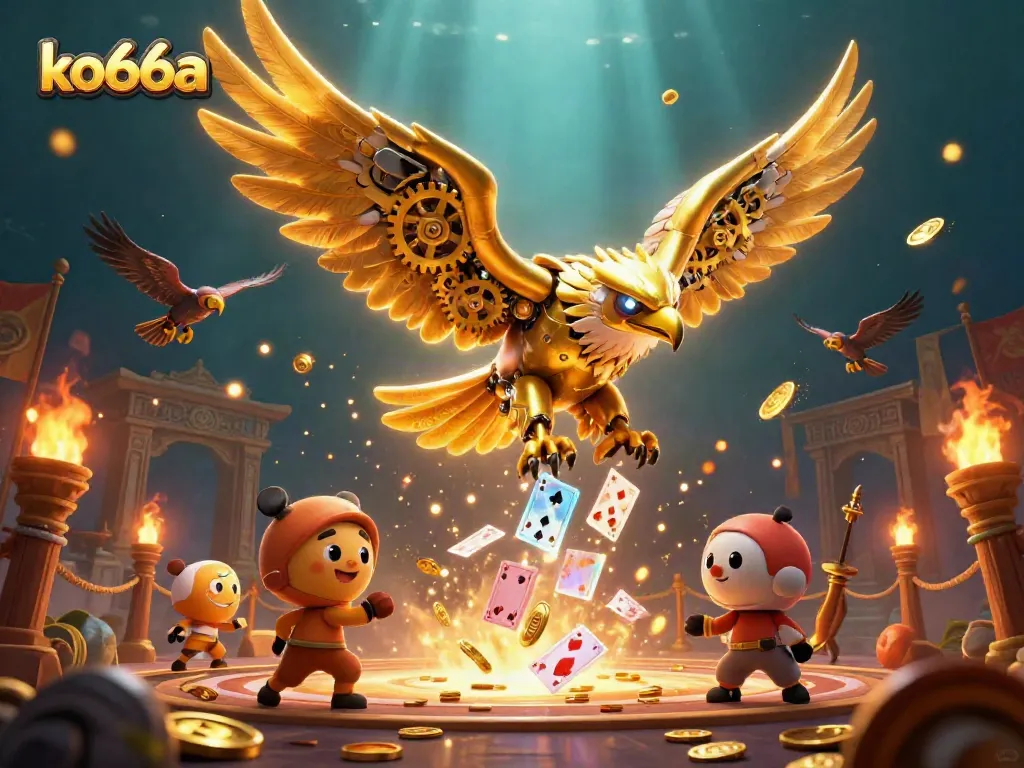 Experience the thrilling dive of the ko66a eagle amidst cascading playing cards in a vibrant casino atmosphere.