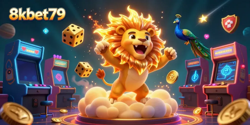 Experience the vibrant world of 8xbet79 with a 3D cartoon sun lion roaring amidst thrilling gaming elements.