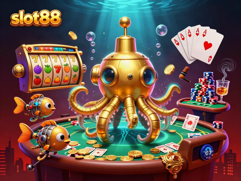 Join the adventure with slot88, featuring a golden kraken submarine and vibrant slot game elements.