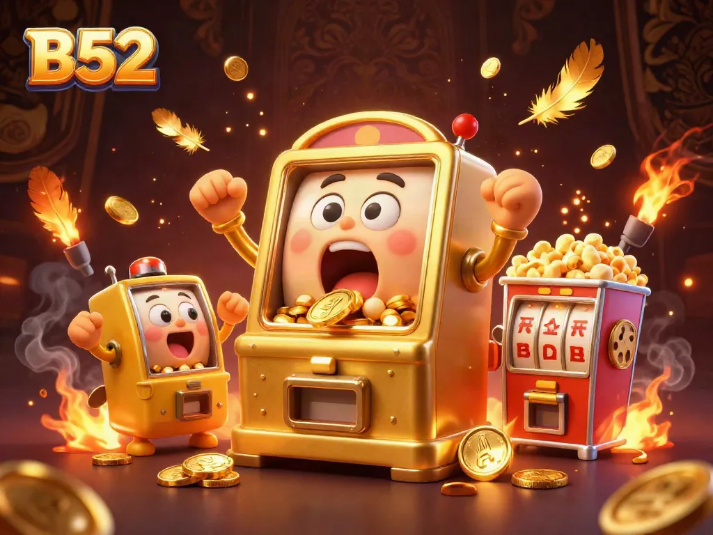 Experience the excitement of B52 slots as a golden machine hits a jackpot, surrounded by cheering companions!