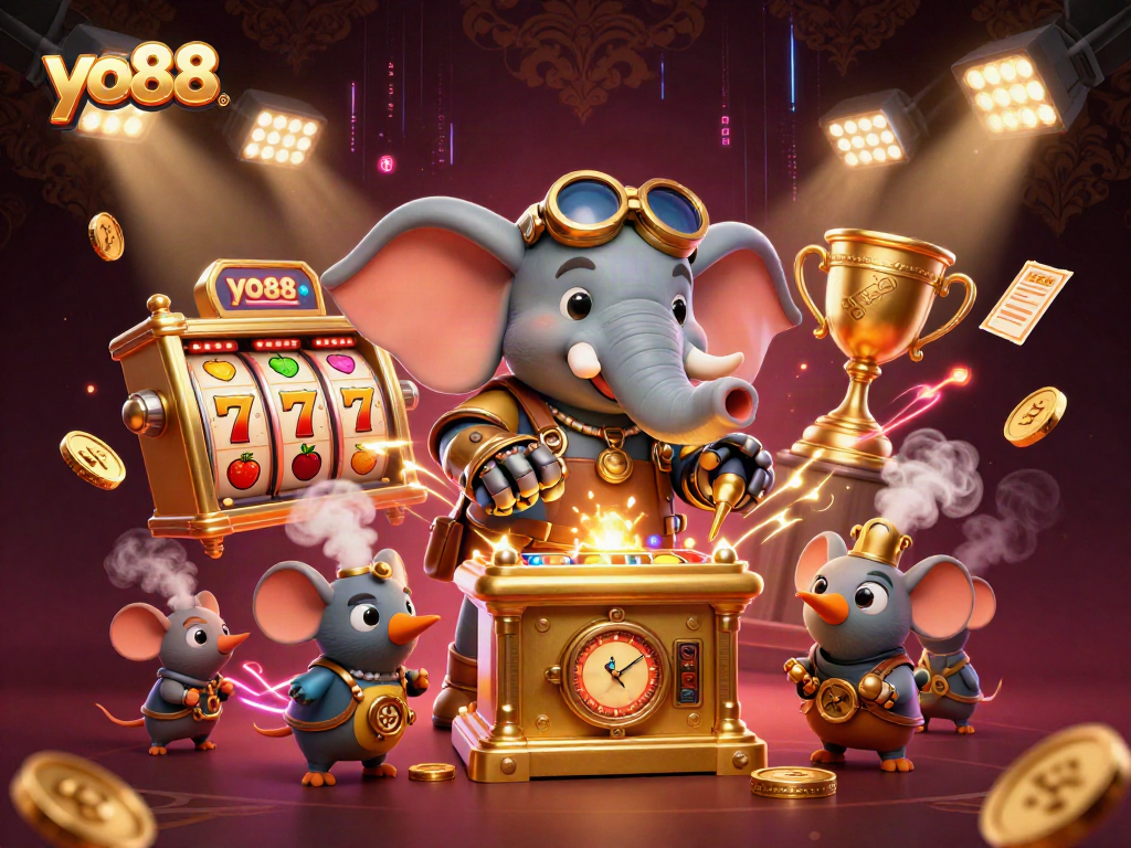 Engage in thrilling gameplay at yo88 with our vibrant steampunk casino scene featuring exciting slot games.