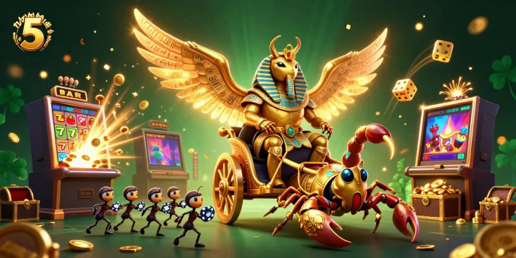 A vibrant scene showcasing the characters from tỷ lệ kèo nhà cái 5, highlighting a golden scarab beetle and a slot machine explosion.