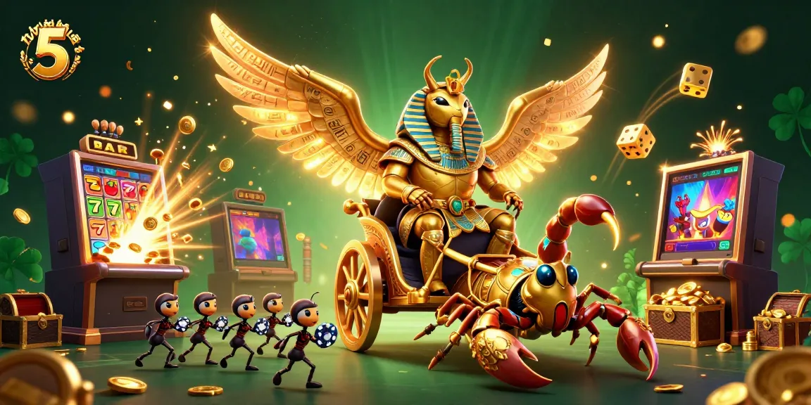 A vibrant scene showcasing the characters from tỷ lệ kèo nhà cái 5, highlighting a golden scarab beetle and a slot machine explosion.