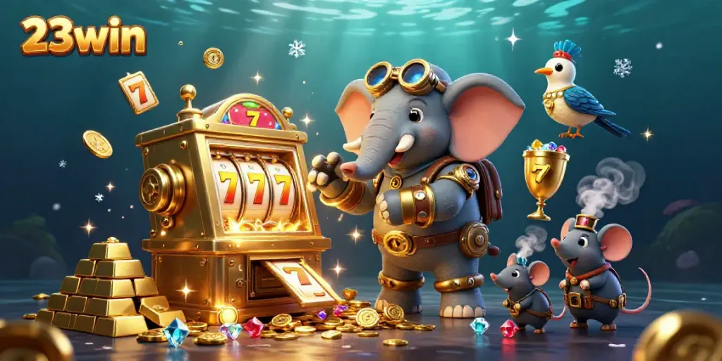 Win big at 23win with an engaging steampunk casino scene filled with treasures.