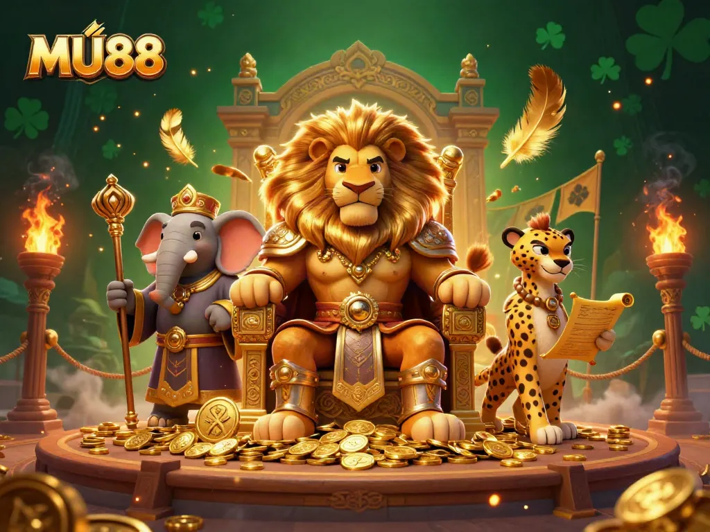 Experience thrilling gameplay at MU88 with a dynamic scene showcasing a lion king and his companions in an exhilarating casino environment.
