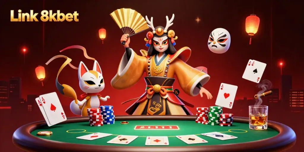 Engage with Link 8kbet through an immersive digital casino experience featuring vibrant characters and rich gaming elements.