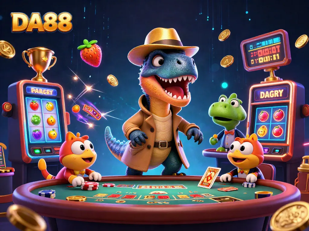 Engage in thrilling gameplay at DA88 featuring cartoon velociraptor counter, jackpots, and vibrant casino elements.