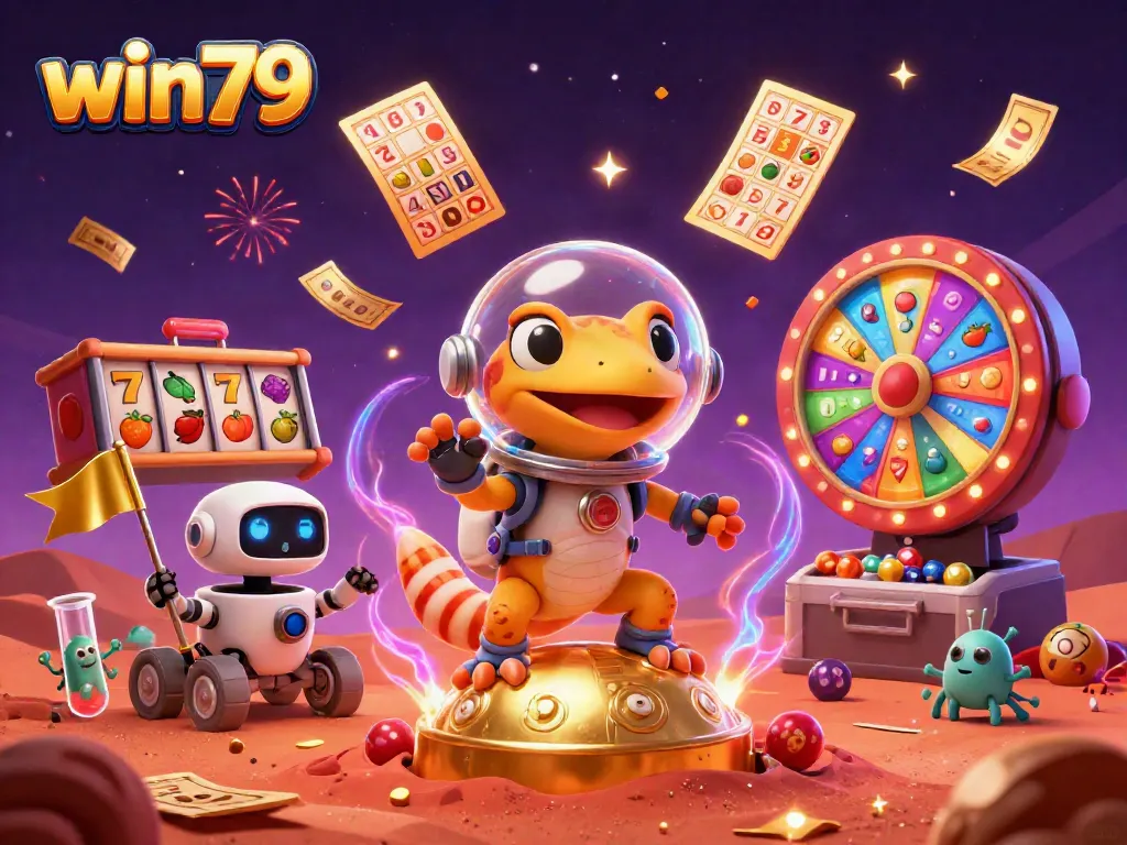 Win79 Martian gecko explores a golden casino with vibrant slot games and airborne prizes in 3D