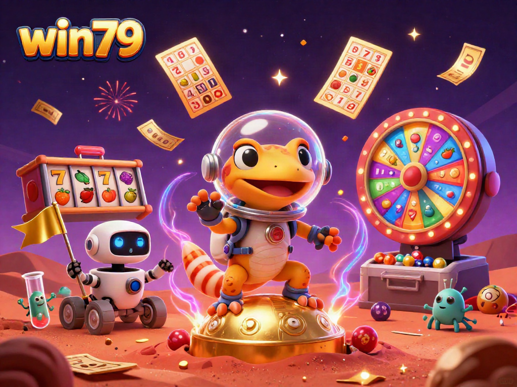 Win79 Martian gecko explores a golden casino with vibrant slot games and airborne prizes in 3D