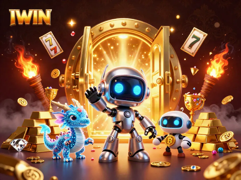 IWIN players enjoy spinning slot reels with vibrant cyberpunk characters in a treasure-filled casino scene