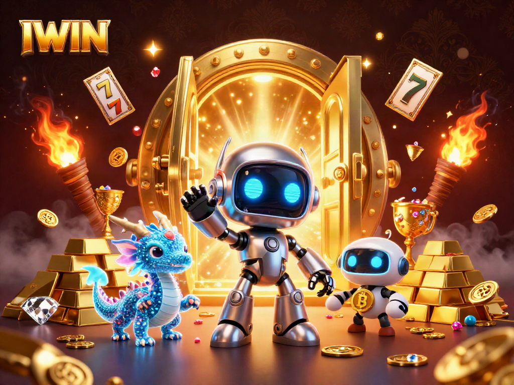 IWIN players enjoy spinning slot reels with vibrant cyberpunk characters in a treasure-filled casino scene
