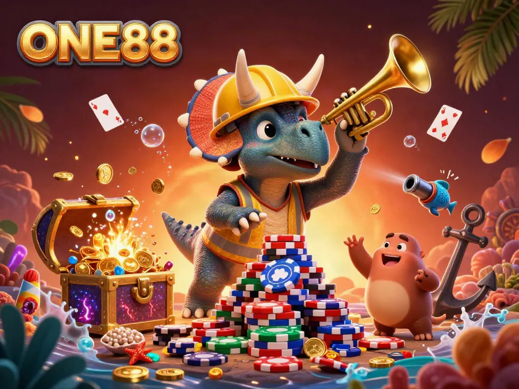 ONE88 engages players with a dynamic cartoon scene of a triceratops and parasaurolophus celebrating in a vibrant casino setting.