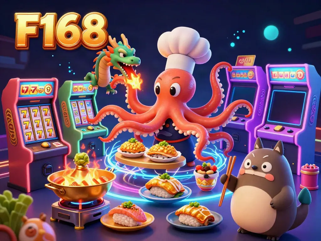 Experience the thrill of F168 casino games with vibrant characters and dazzling slot machines.