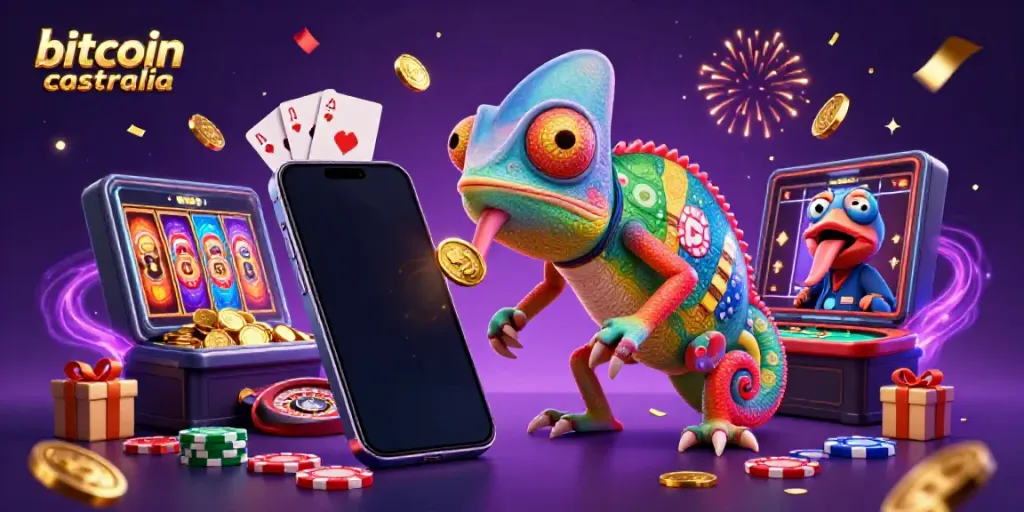 Engaging illustration showcasing bitcoin casinos Australia with a colorful chameleon casino owner surrounded by gaming elements.