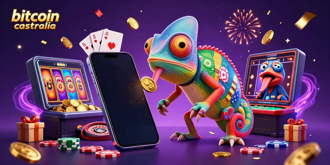 Engaging illustration showcasing bitcoin casinos Australia with a colorful chameleon casino owner surrounded by gaming elements.