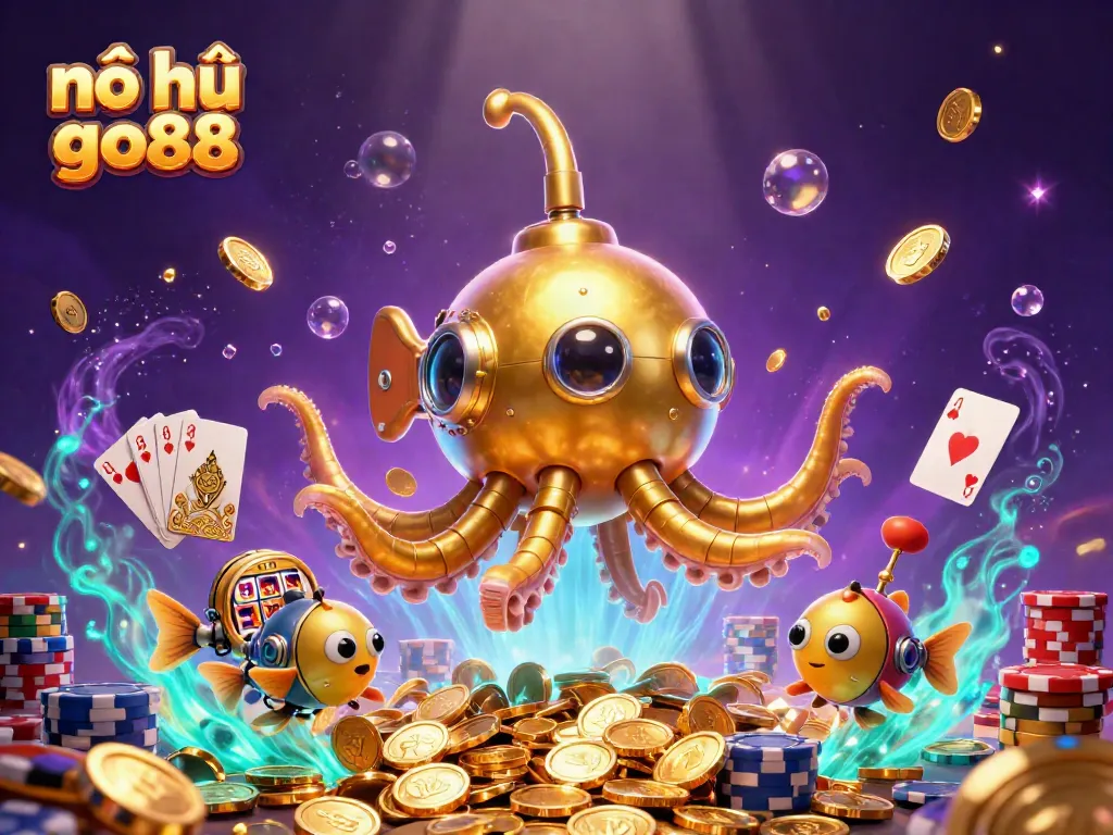 Win big with nổ hũ go88; a vibrant 3D scene showcasing gold coins, gaming elements, and a golden kraken.