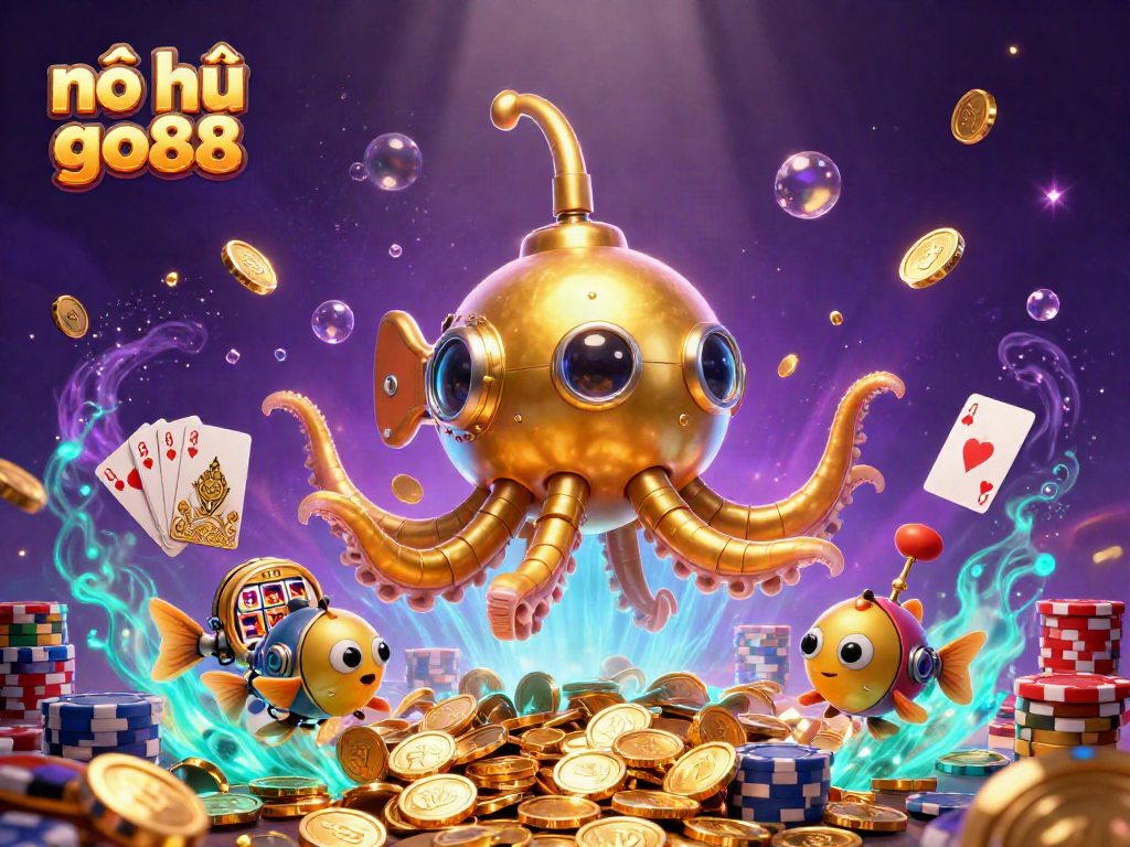 Win big with nổ hũ go88; a vibrant 3D scene showcasing gold coins, gaming elements, and a golden kraken.