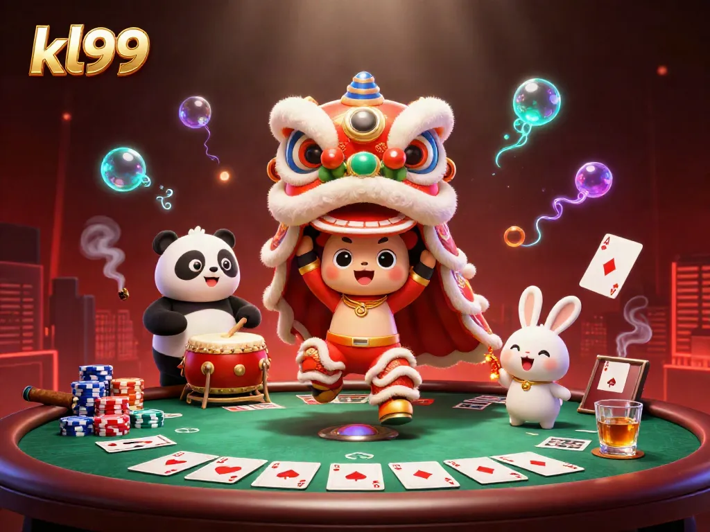 Engaging scene of kl99 featuring vibrant lion dance with casino elements and poker excitement.