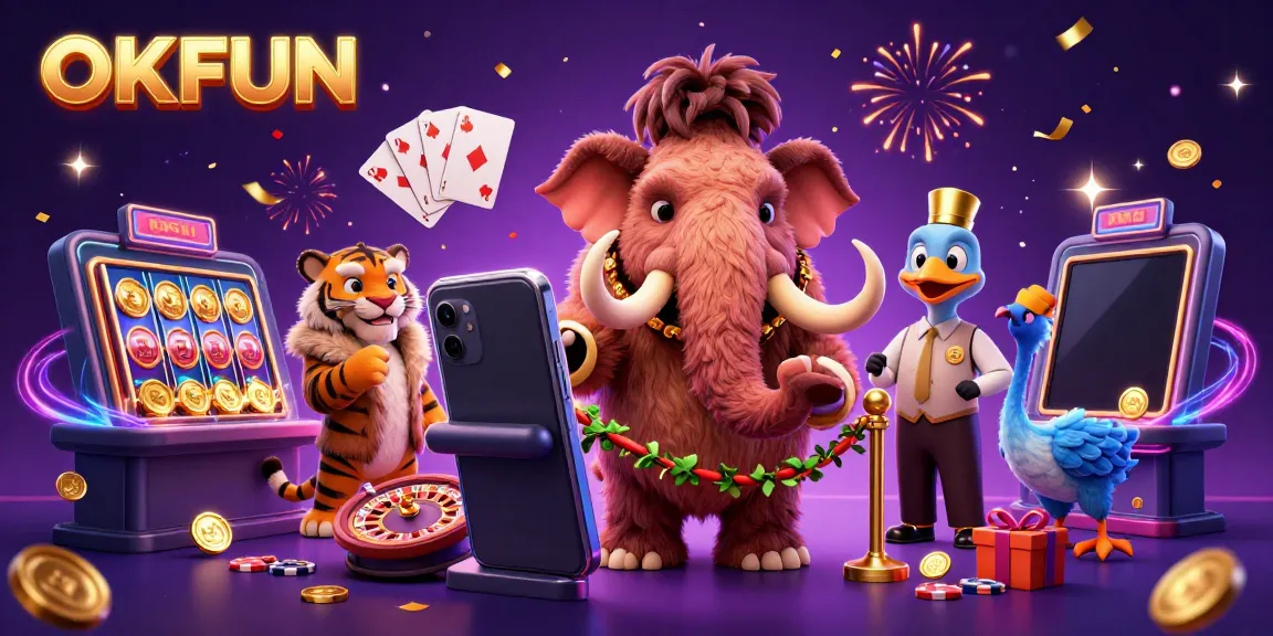 Experience the thrill of OKFUN with the engaging casino scene featuring unique animal characters and exciting gaming elements.