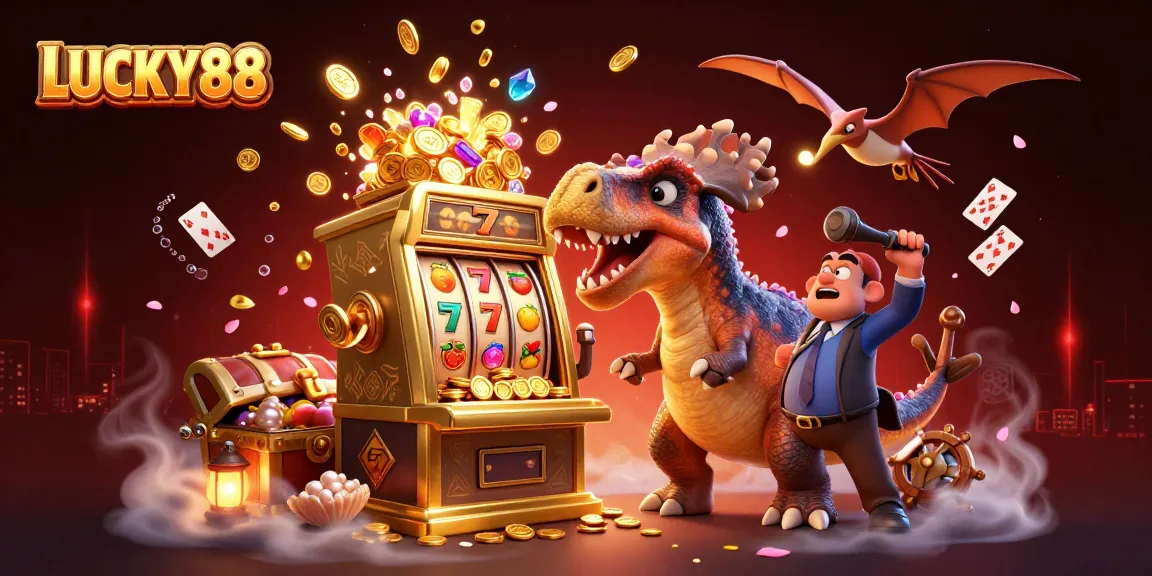 LUCKY88 slot machine wins jackpot as a dinosaur celebrates, capturing the thrill of casino gaming.