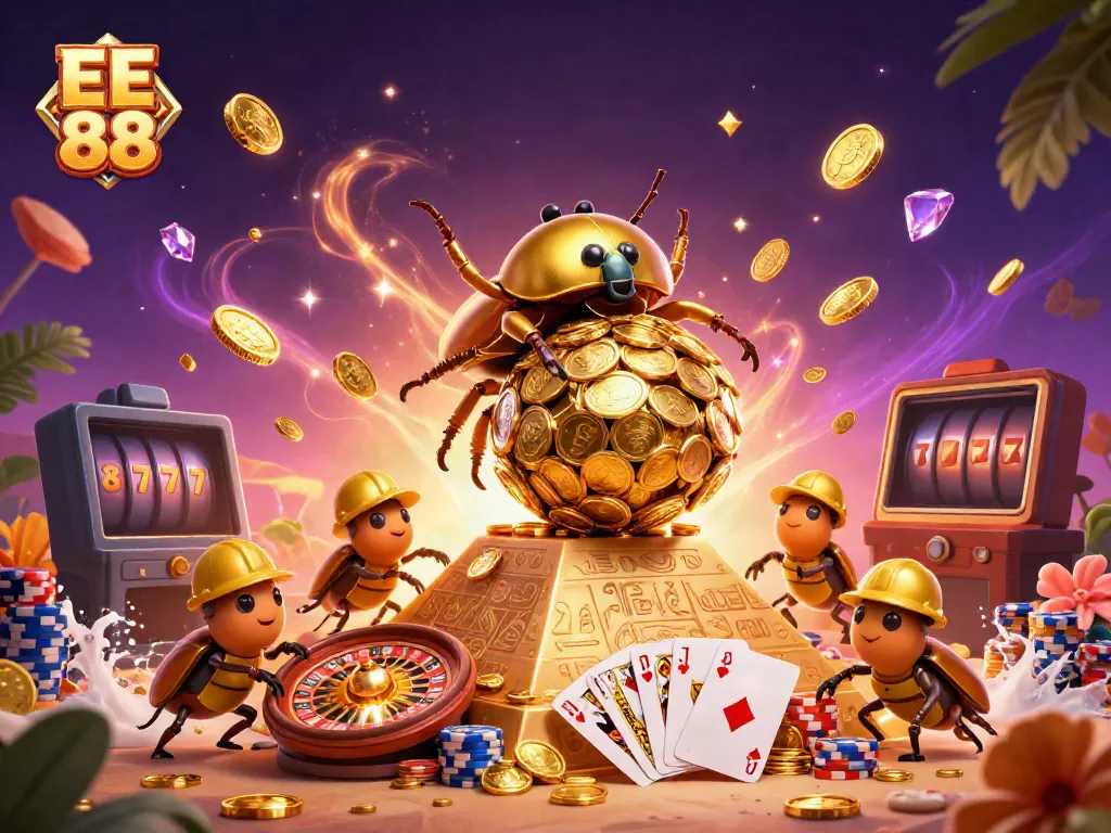 Bet big at EE 88 with a colorful 3D casino scene showing beetles rolling golden coins and gaming elements.