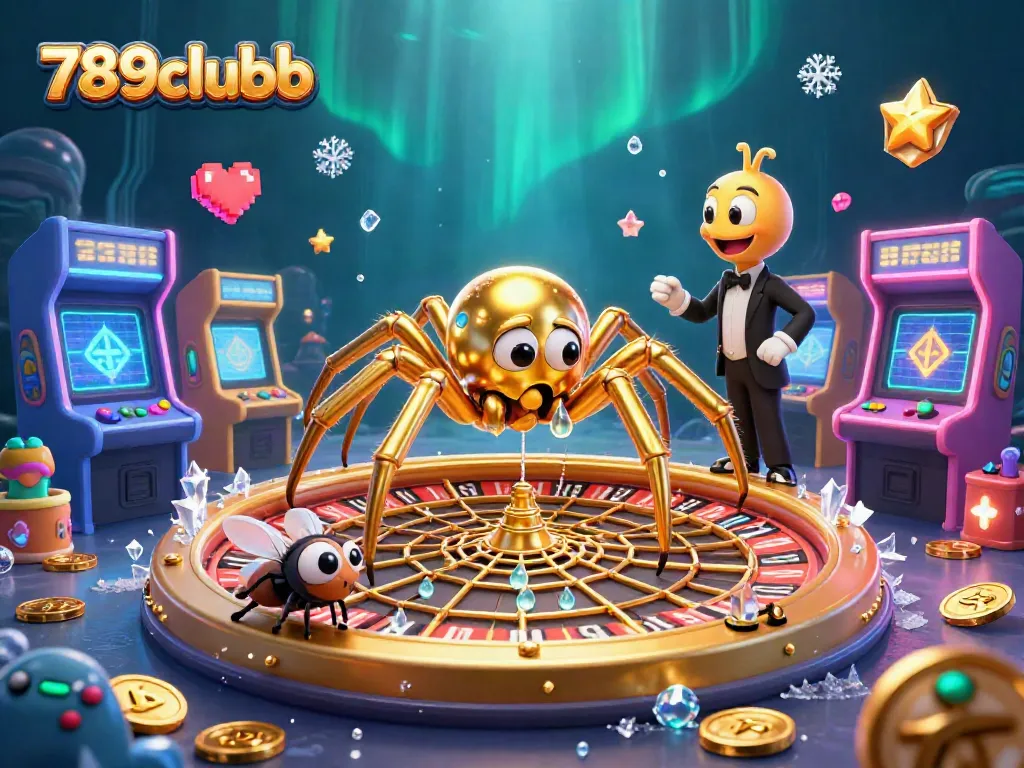 Experience the excitement at 789clubb as the golden spider spins bets on a roulette web in captivating casino art.