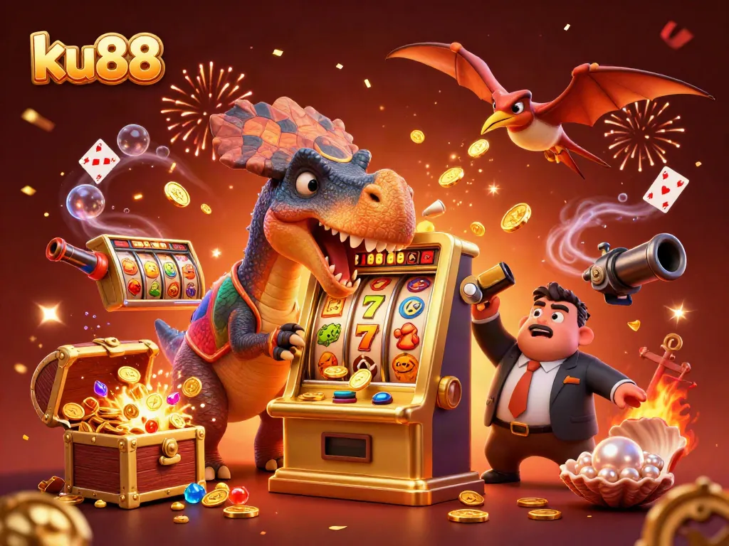 ku88 slots celebrate a jackpot with an animated dinosaur spectacle, bursting with gold coins and casino excitement