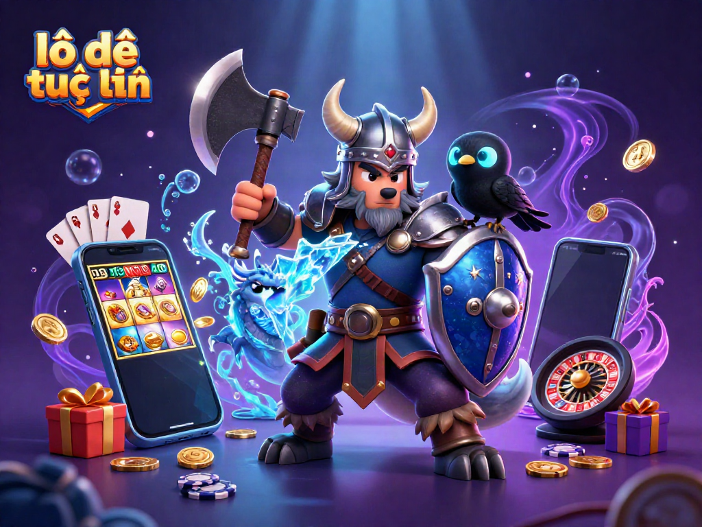 Experience the thrill of lô đề trực tuyến with a Viking warrior, dragon, and thrilling casino elements.