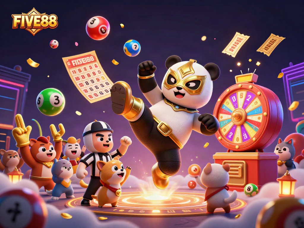 Experience the excitement of FIVE88 with a dynamic scene of a panda wrestler and lottery elements!