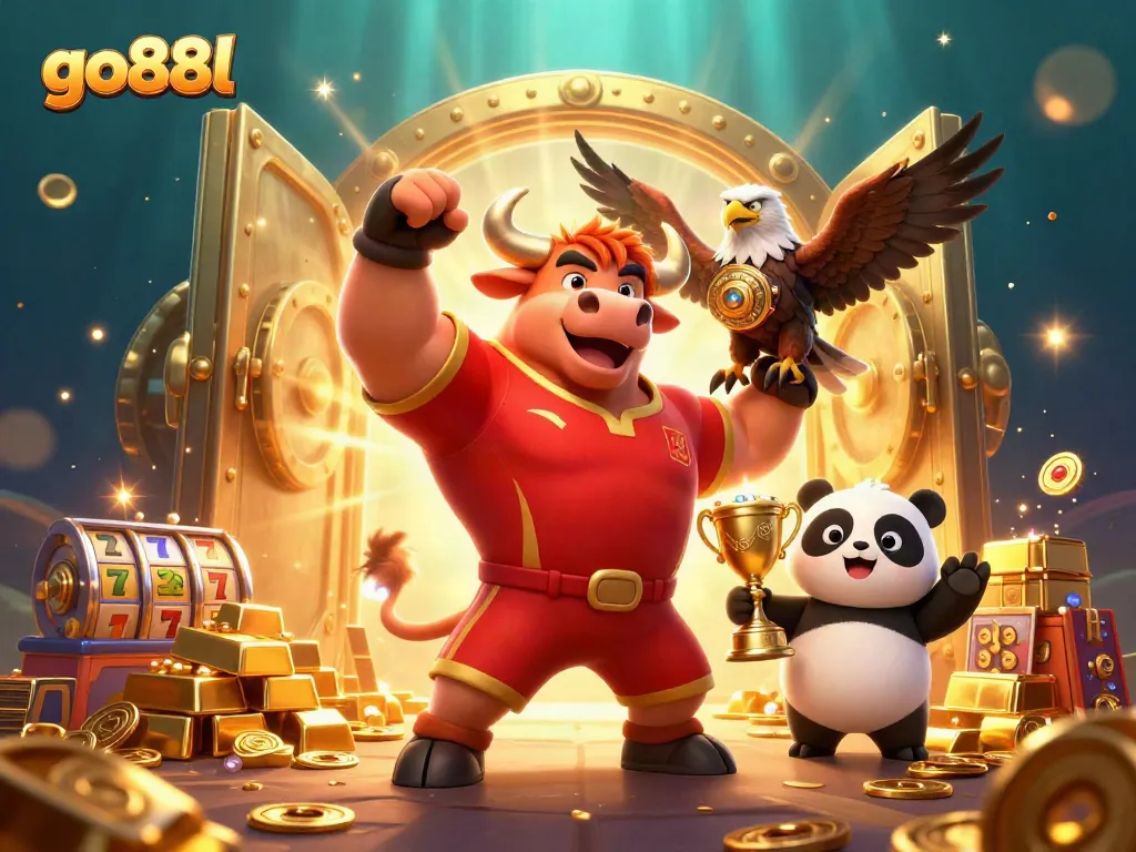 Experience excitement with go88l's vibrant casino scene featuring a bull, eagle, and panda.