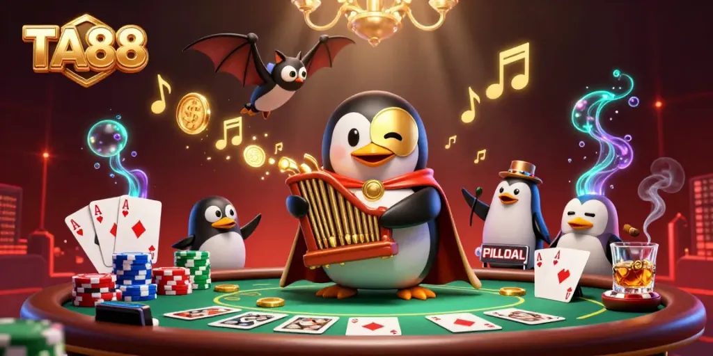 TA88 penguin orchestrates casino action with golden coins and poker elements amidst vibrant casino atmosphere.