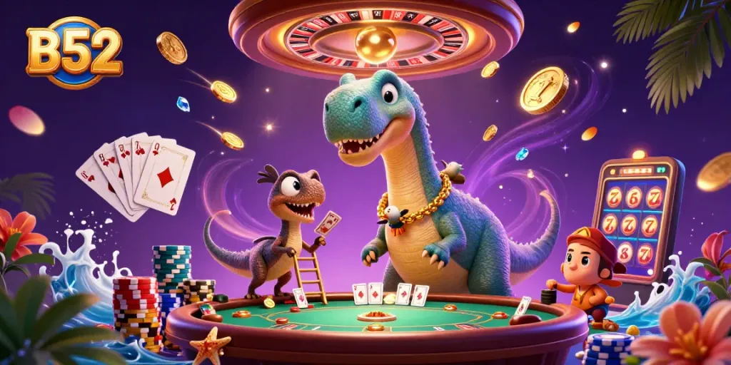 B52 offers thrilling gameplay with a lively scene of a brontosaurus and raptor in a vibrant casino.