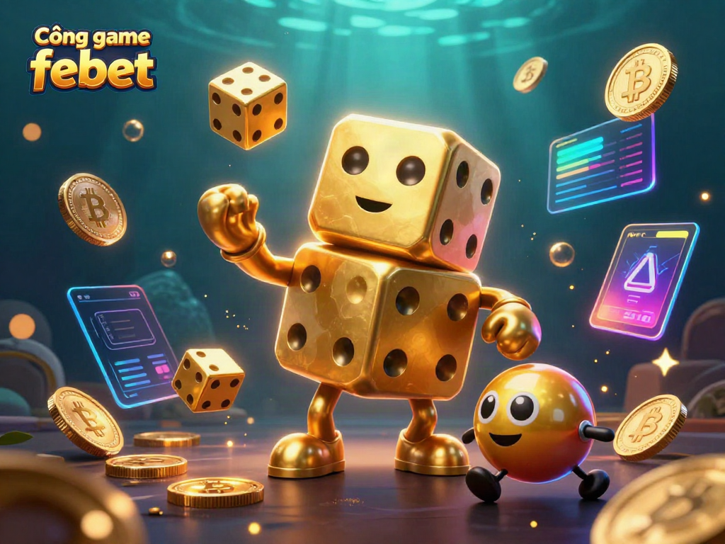 Cổng game febet showcases a lively scene with a golden dice golem, engaging crypto coins, and dynamic casino elements.