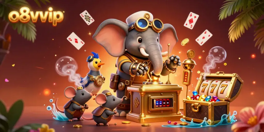 Engage with the thrilling world of o8vvip as a steampunk elephant engineer operates a golden slot machine amid gold coins and gems.