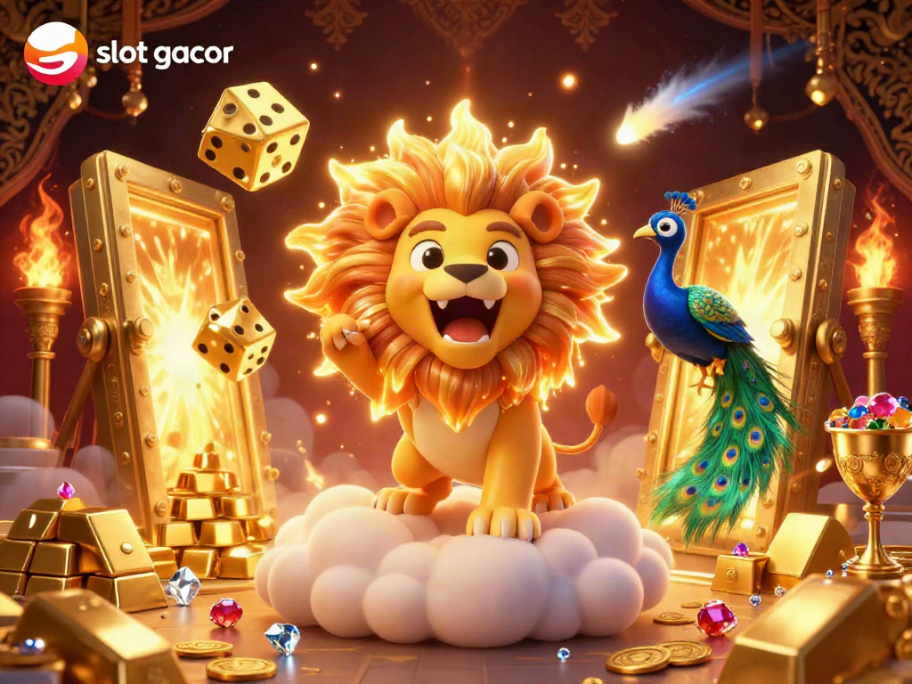 Engage with slot gacor through vibrant 3D visuals, showcasing a sun lion and dynamic casino elements.