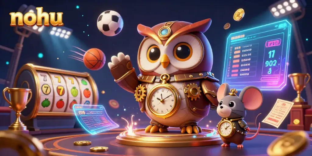 Engage in winning strategies at the nohu casino depicted through vibrant steampunk characters and dynamic game elements.