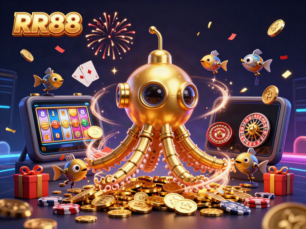 Engage with RR88 in this vibrant 3D casino scene featuring a golden kraken and slot games.
