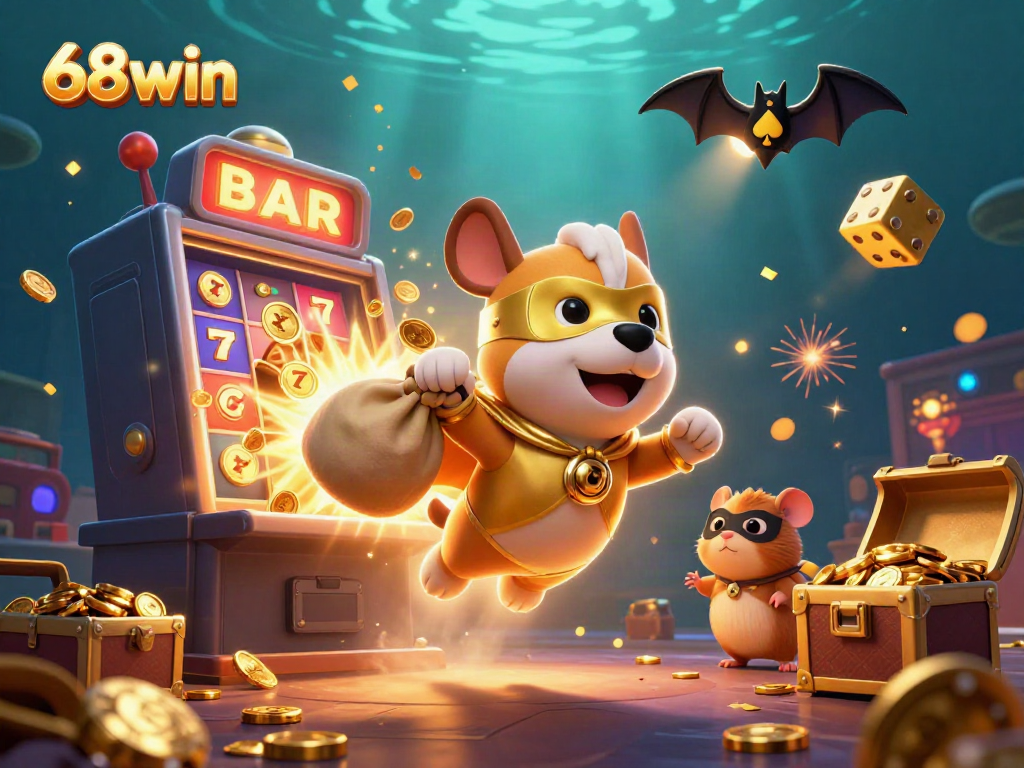 Experience thrilling gameplay at 68win with a vibrant 3D illustration featuring a superhero dog and exciting casino elements.